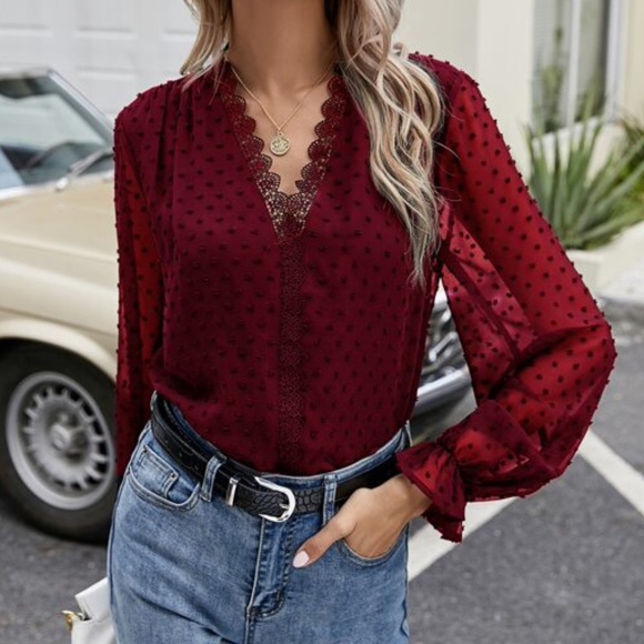 Boho Burgundy Red V neck Swiss Dot Lace Sheer Top - Picture 4 of 4